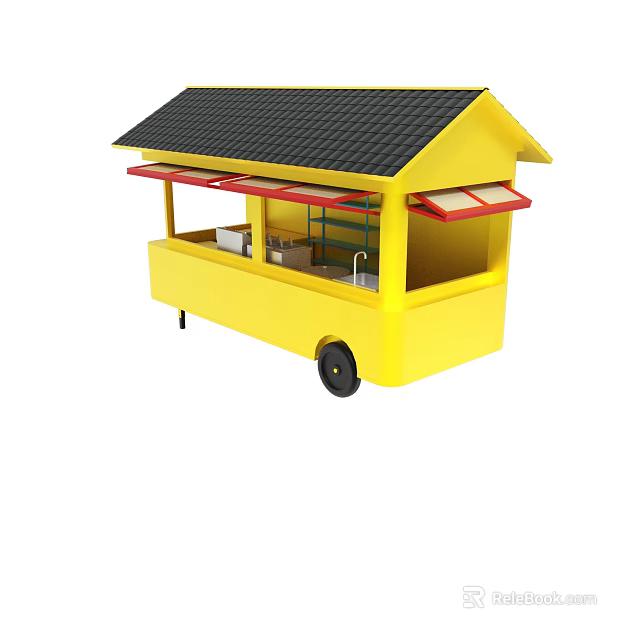 Yellow Mobile Food Cart With Black Roof Red Awnings Open Shelves 3d model 
