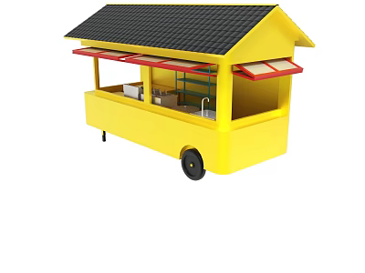 Yellow Mobile Food Cart With Black Roof Red Awnings Open Shelves 3d model