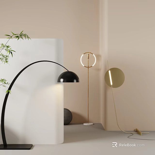 Modern Arched Black and Gold Floor Lamps in Minimalist Interior with Green Plants 3d model 