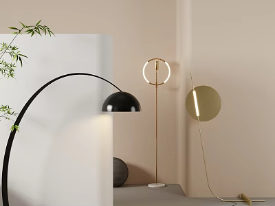 Modern Arched Black and Gold Floor Lamps in Minimalist Interior with Green Plants 3d model