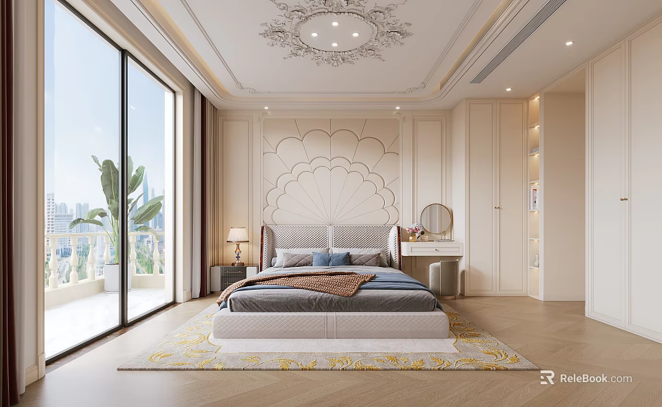 Luxurious Bedroom Interior With Fan Shaped Wall Decor Decorative Ceiling And Floor To Ceiling Windows 3d model 