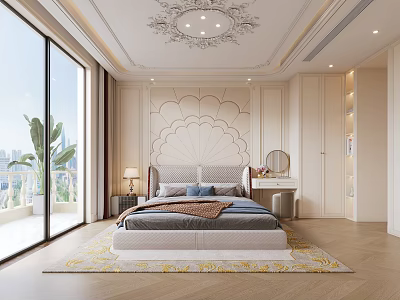 Luxurious Bedroom Interior With Fan Shaped Wall Decor Decorative Ceiling And Floor To Ceiling Windows 3d model