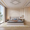 Luxurious Bedroom Interior With Fan Shaped Wall Decor Decorative Ceiling And Floor To Ceiling Windows