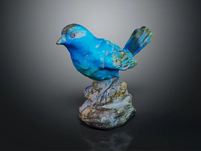 Blue Bird Sculpture With Detailed Feathers Standing On Natural Stone Base 3d model