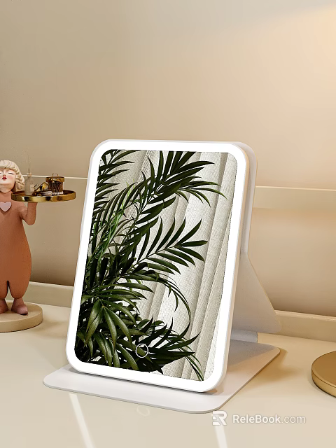 Lighted Mirror on Table With Reflected Plant Curtains And Small Statue 3d model 