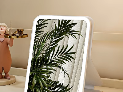 Lighted Mirror on Table With Reflected Plant Curtains And Small Statue 3d model