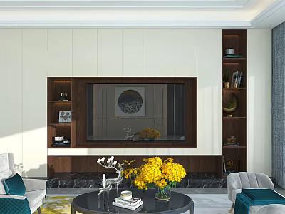 Modern TV Stand Cabinet With Wooden Frame Open Shelves And Marble Countertop In Living Room 3d model