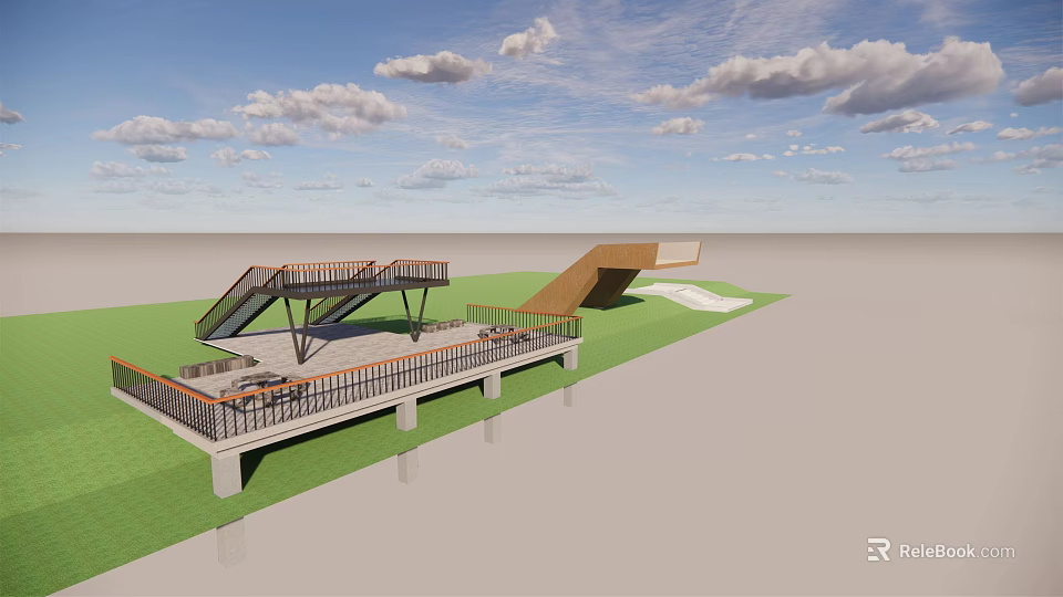 Contemporary Road Infrastructure Featuring Railed Platform Sloped Structure Green Grass And Blue Sky 3d model