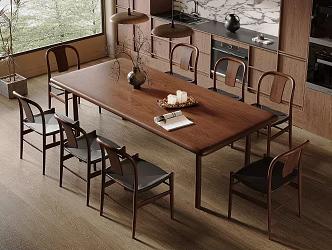 Middle Ancient Style Home Restaurant Solid Wood Dining Table and Chair Combination Solid Wood Backrest Dining Chair Solid Wood Cabinet Wine Cabinet Chandelier Vase Potted Wood Floor 3d model
