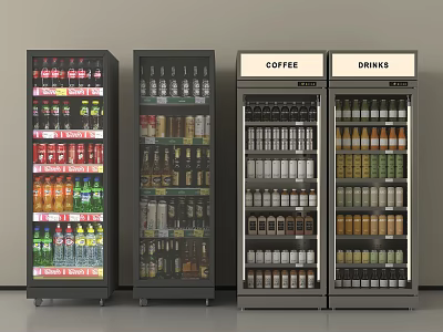 Commercial Beverage Refrigerators Filled With Various Drinks And Coffee For Retail 3d model