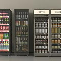 Commercial Beverage Refrigerators Filled With Various Drinks And Coffee For Retail