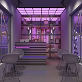 Modern Dance Studio With Checkerboard Wall Purple Lighting Floor Letters And White Statue