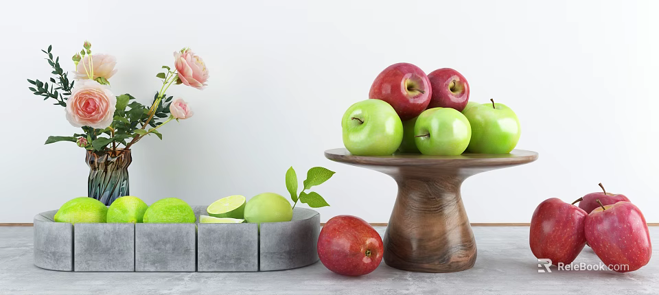 Fresh Red Apples Green Apples And Limes On Wooden Tray Gray Container With Pink Roses 3d model 