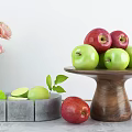 Fresh Red Apples Green Apples And Limes On Wooden Tray Gray Container With Pink Roses