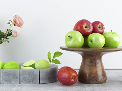 Fresh Red Apples Green Apples And Limes On Wooden Tray Gray Container With Pink Roses 3d model