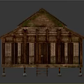 Traditional Wooden House With Brown Tiled Roof Elevated Base And Wooden Stairs