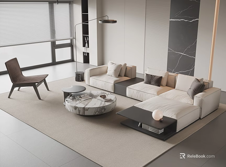Modern Beige L Shaped Sofa With Round Marble Coffee Table And Soft Area Rug 3d model 
