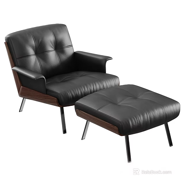 Modern Black Leather Lounge Chair With Walnut Frame And Matching Ottoman 3d model 