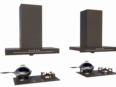 Black Range Hoods and Gas Stoves with Woks as Daily Home Kitchen Appliances 3d model