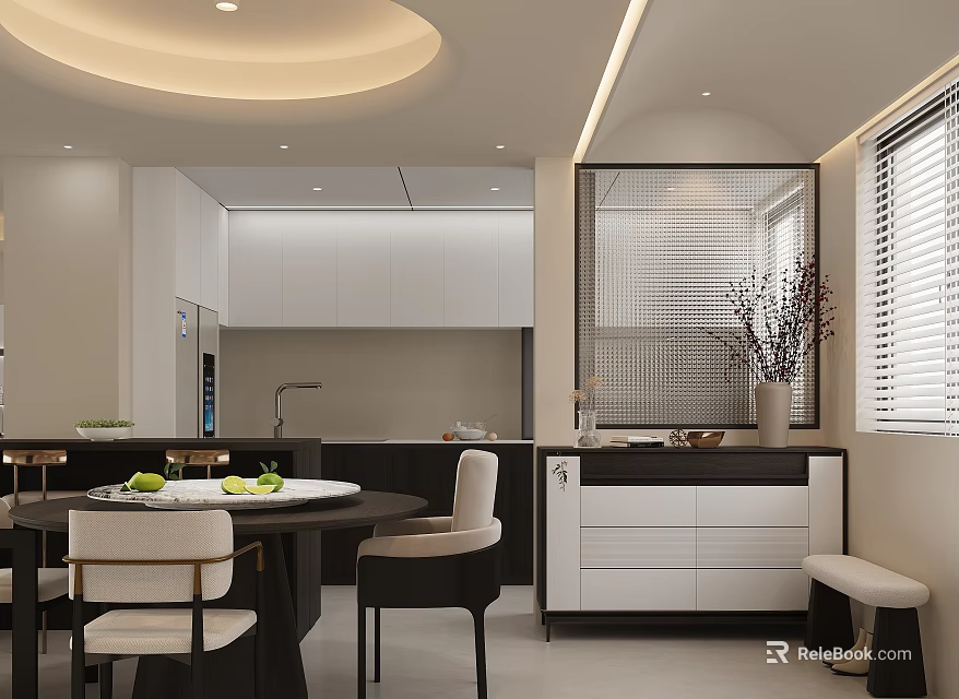 Modern Open Restaurant Interior Design With Round Dining Table White Chairs And Ceiling Light 3d model 