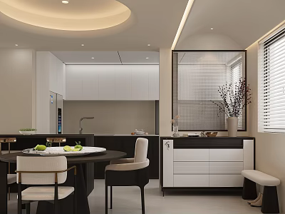 Modern Open Restaurant Interior Design With Round Dining Table White Chairs And Ceiling Light 3d model