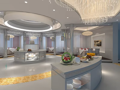 Elegant Restaurant Interior With Circular Ceiling Chandeliers Display Counters And Dining Tables 3d model
