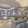 Elegant Restaurant Interior With Circular Ceiling Chandeliers Display Counters And Dining Tables 3d model