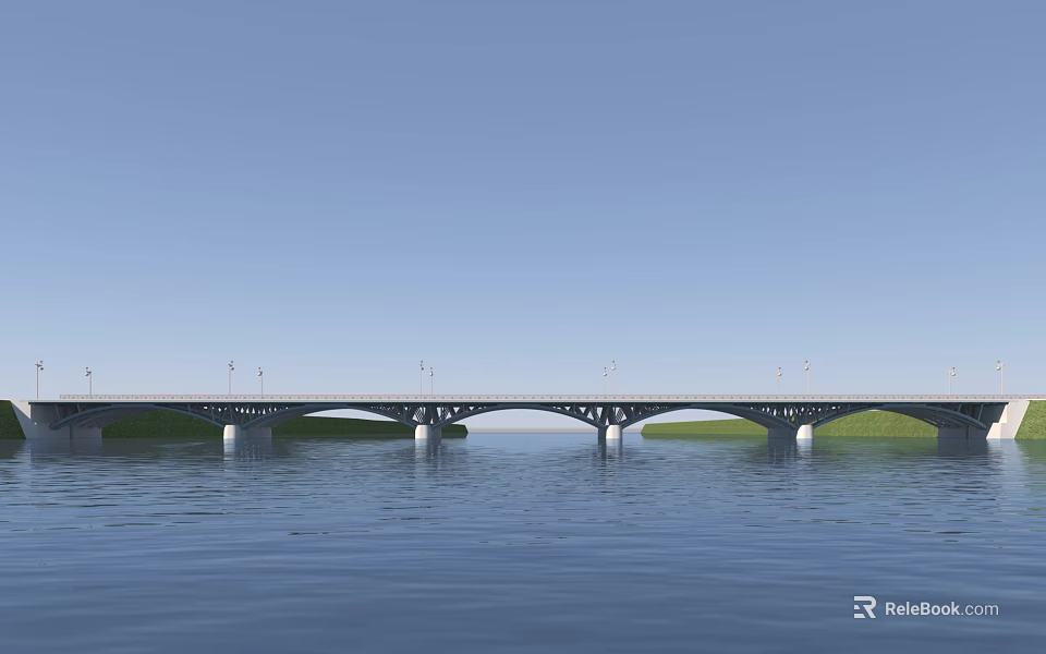Long Arch Bridge Over Calm Blue River With Street Lamps And Clear Sky 3d model 
