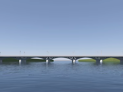 Long Arch Bridge Over Calm Blue River With Street Lamps And Clear Sky 3d model