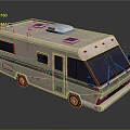 White RV With Blue Windows Roof Vents Red Marker Lights And WI Logo