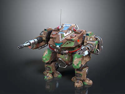 Sci Fi Mech Warrior Character With Green Brown Camouflage Mechanical Weapon Arm And Antenna 3d model