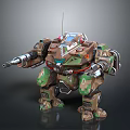 Sci Fi Mech Warrior Character With Green Brown Camouflage Mechanical Weapon Arm And Antenna