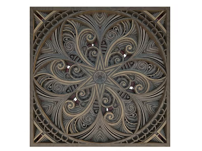 Intricate Carved Square Wall Decor With Spiral Patterns And Central Design 3d model