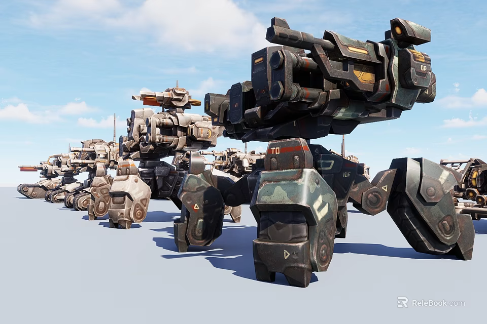 Futuristic Mechanical Weapons Featuring Large Cannons Armored Bodies And Mechanical Legs 3d model 
