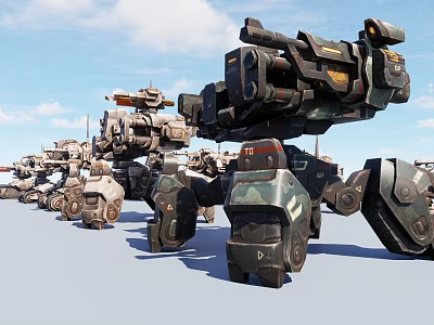 Futuristic Mechanical Weapons Featuring Large Cannons Armored Bodies And Mechanical Legs 3d model
