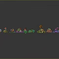 Cartoon Scene Featuring Colorful Various Shaped Plants Scattered on Dark Background