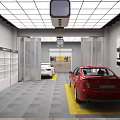 4S Auto Dealership Showroom With White And Red Cars On Display Shelves And Ceiling Lights