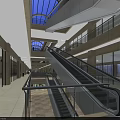 Shopping Mall Elevator Aisle With Glass Skylight Multiple Floors Escalators and Greenery