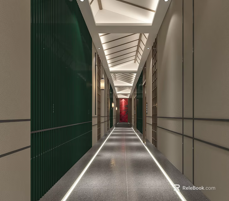 Modern Hotel Corridor Design With Stylish Lighting And Elegant Wall Decor 3d model