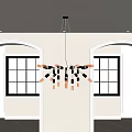 Transparent Glass Globe Chandelier with Light Bulbs Hanging Over White Walls and Arched Black Windows