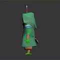 Green Reptile Character Wearing Hooded Cloak Orange Pants And Sword On Reflective Floor