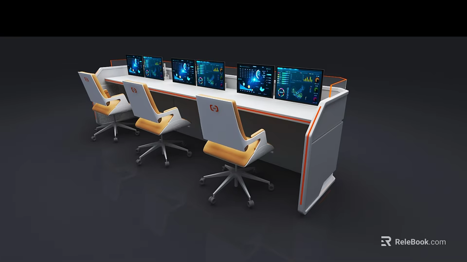 Modern Office Desk With Multiple Monitors Blue Screens And Ergonomic Chairs 3d model 
