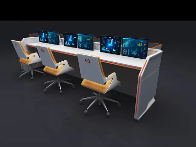 Modern Office Desk With Multiple Monitors Blue Screens And Ergonomic Chairs 3d model