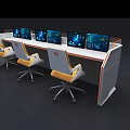 Modern Office Desk With Multiple Monitors Blue Screens And Ergonomic Chairs