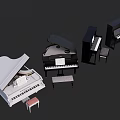 Various Musical Instruments Featuring White Black Pianos With Stools And Open Lids 3d model