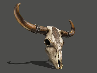 Artistic Bull Skull Sculpture With Intricate Carvings And Decorated Horns 3d model