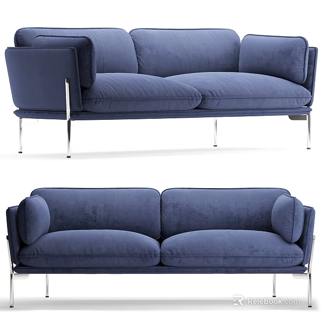 Modern Blue Velvet Two-Seater Sofa with Metal Legs and Contemporary Design 3d model 