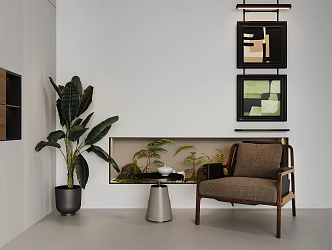 Simple leisure area niche plant mural decoration single leisure chair 3d model