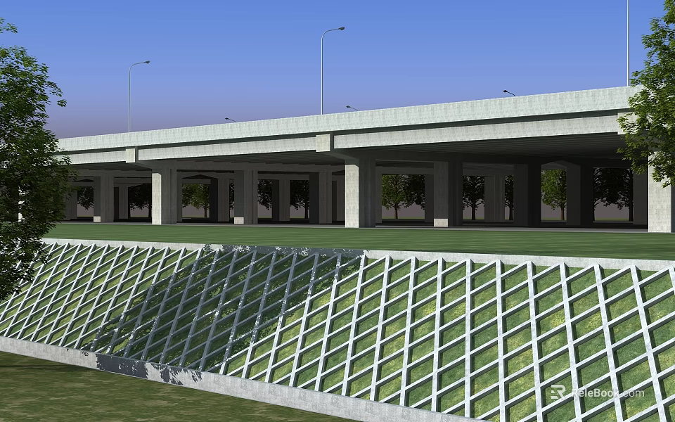 Modern Concrete Bridge Structure With Street Lamps And Green Space Underneath 3d model 