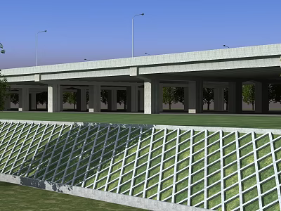 Modern Concrete Bridge Structure With Street Lamps And Green Space Underneath 3d model
